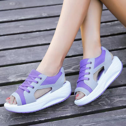 Summer Women Sandales Fashion Shoes Casual Flat Peep Toe Contrast Paneled Cutout Lace-up Muffin Sandals Platform Sport Sandalias